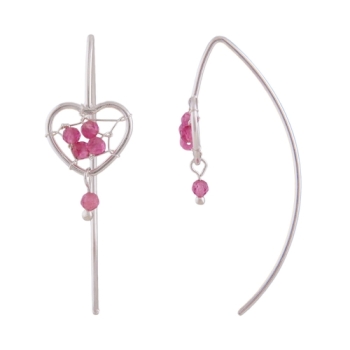 Ohrhaken Ohrring 33x105mm Herz mit Geflecht und rosa Glassteinen Silber 925